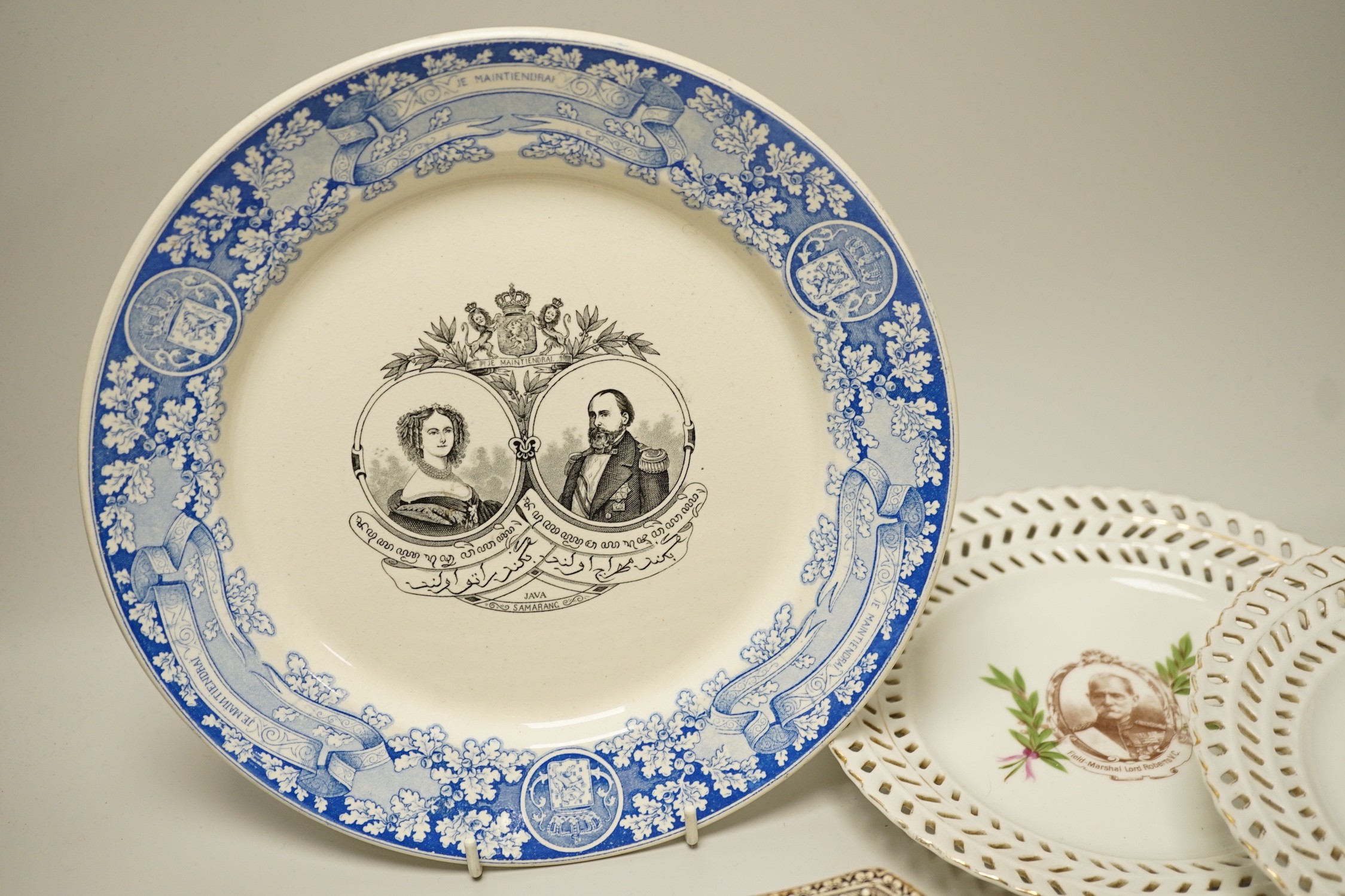 A collection of mostly late 19th and early 20th century commemorative plates, including eight octagonal plates by Wallis Gimson and Co., Balance of Payments etc.